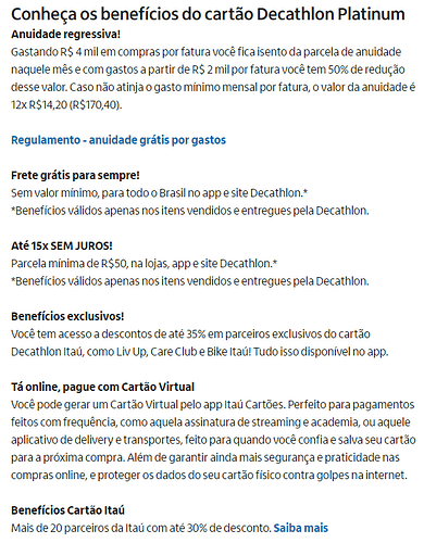 Benefícios cartão Decathlon