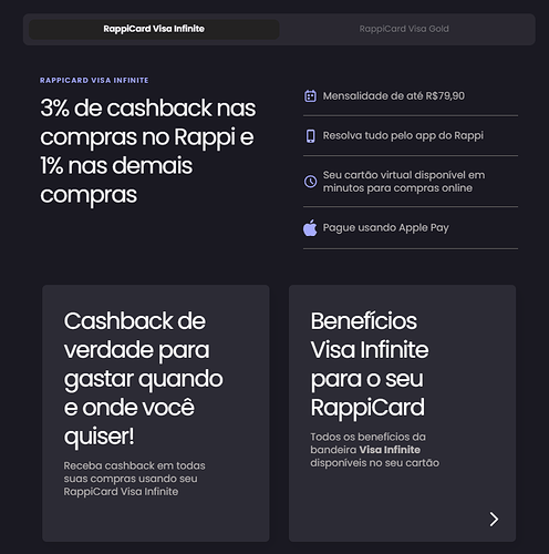 Página do site do cartão Rappi