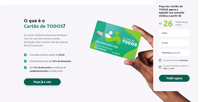 Página do site Cartão de Todos