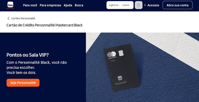 Página do site do Itau sobre o cartão de crédito