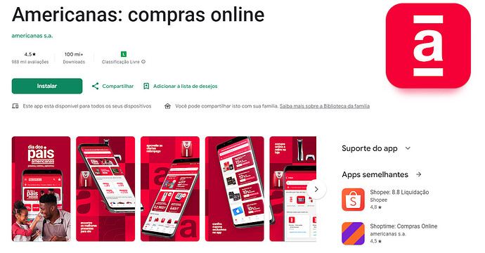 Página do aplicativo Americanas