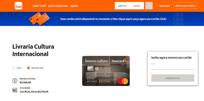Cartão de crédito Livraria Cultura Itaucard Internacional Mastercard