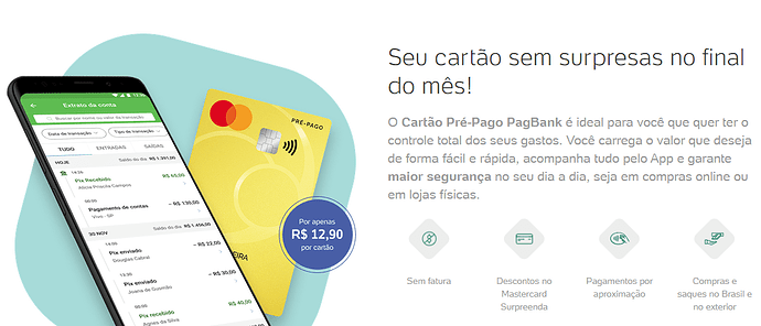Página do site do cartão pré pago PagBank