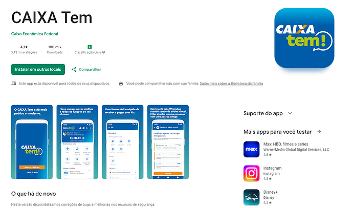Página do aplicativo Caixa Tem