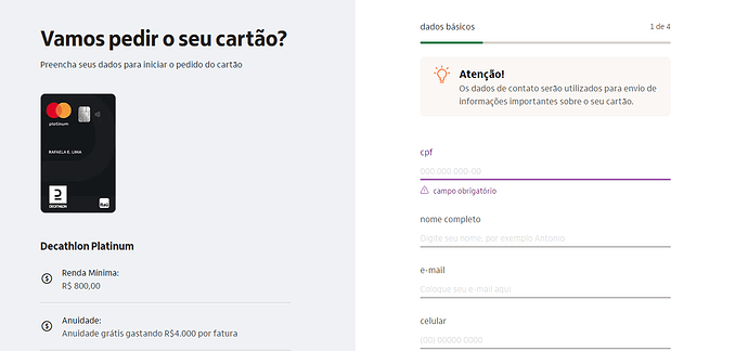 Solicitação cartão de crédito Decathlon