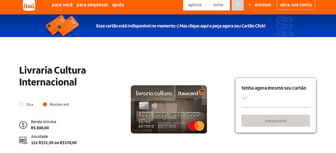 Cartão Livraria Cultura Itaucard Mastercard Internacional