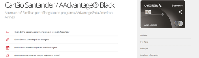Página do site do cartão Santander AAdvantage