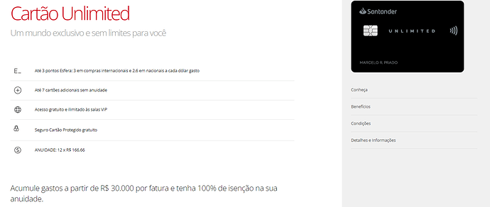 Página do site do Santander sobre o cartão unlimited
