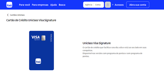 Página do site do Itau, cartão Uniclass Signature