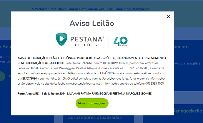 Aviso da empresa PortoCred sobre a liquidação extrajudicial