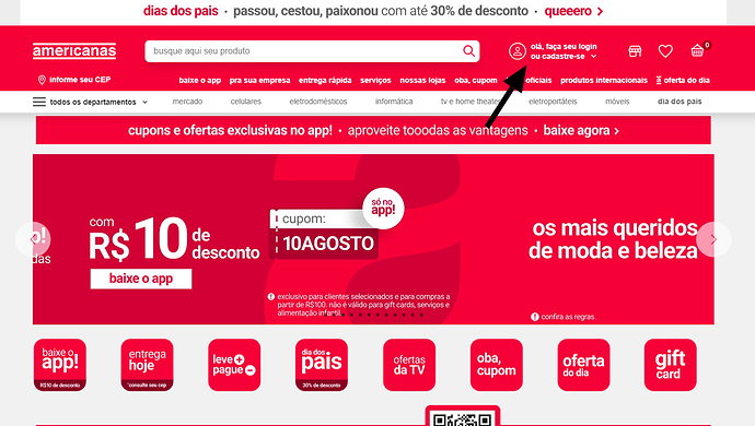 Página do site da Americanas