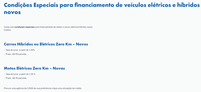 Condições especiais para financiamento de veículos elétricos e híbridos novos