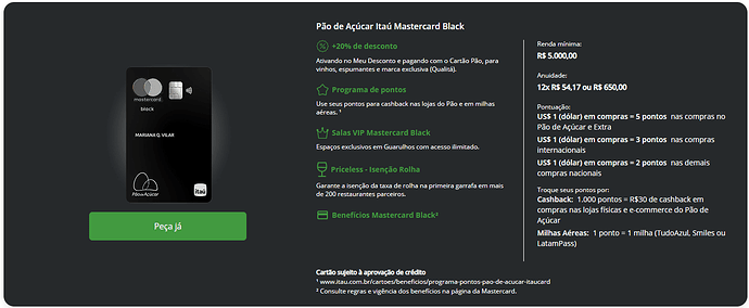 Página do site do Cartão Pão de Açúcar