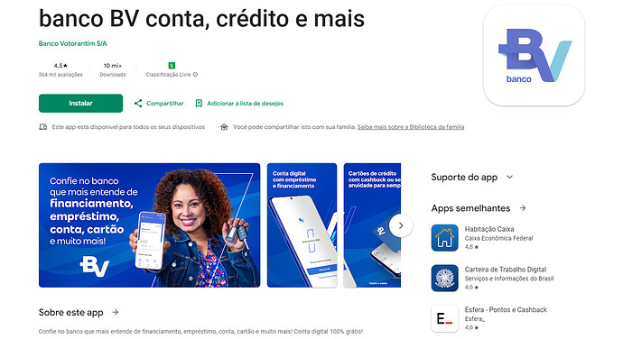 Página do aplicativo Banco BV