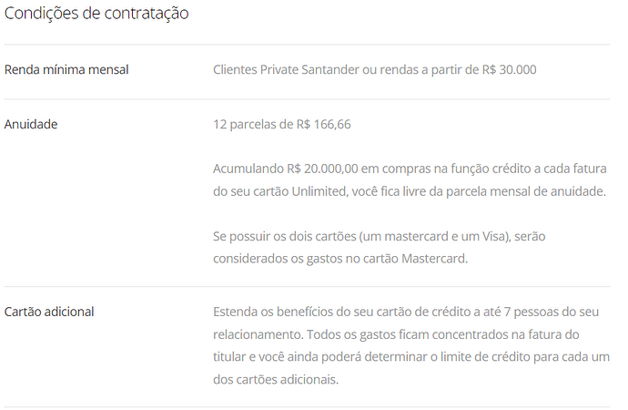 Condições de contratações do cartão de crédito Santander Unlimited