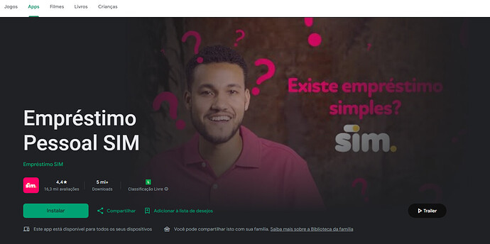 Página do aplicativo Empréstimo Pessoal Sim
