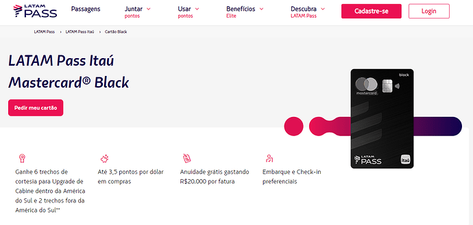 Página do site da Latam sobre o cartão de crédito